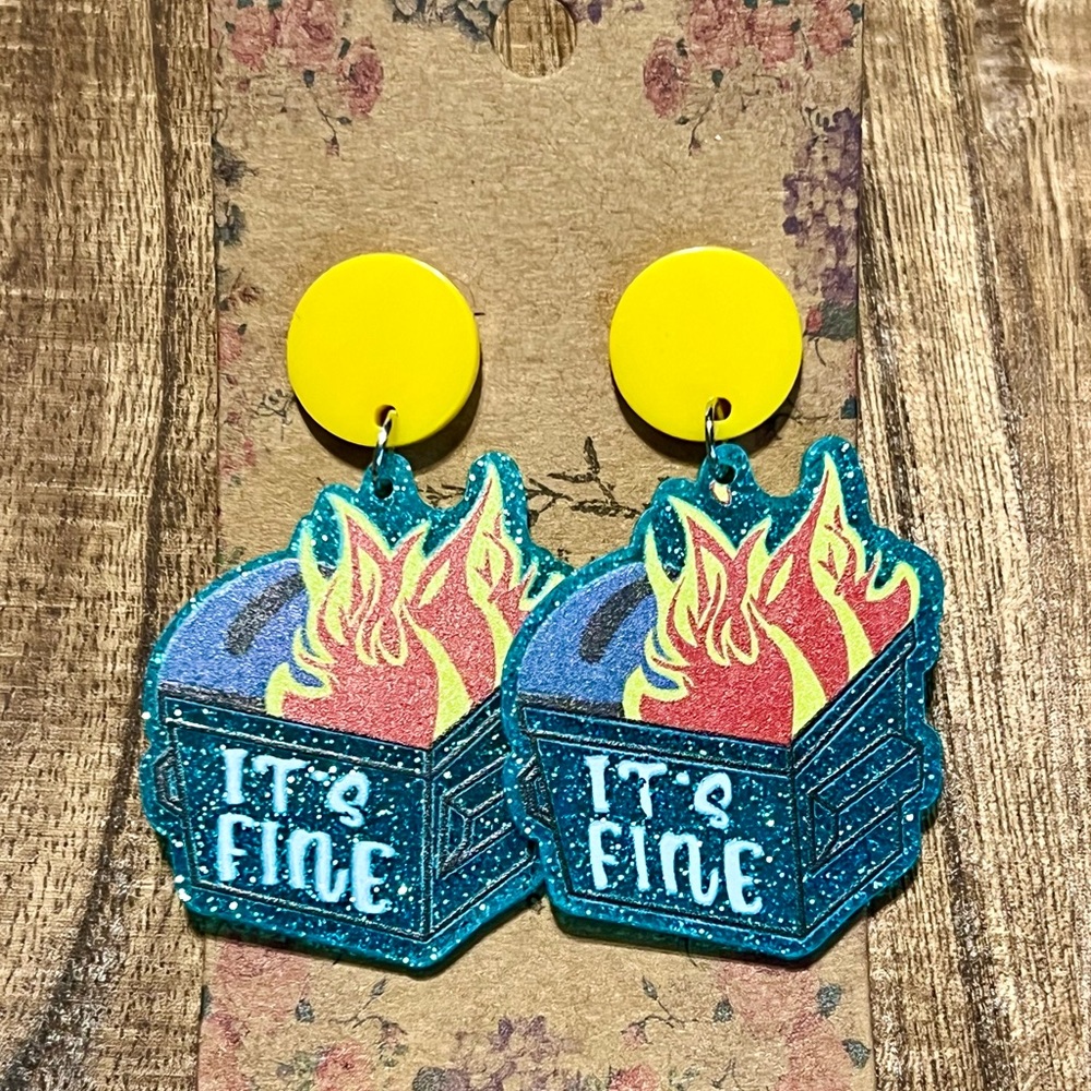 Dumpster Fire - Yellow and Blue 'It's Fine' Earrings